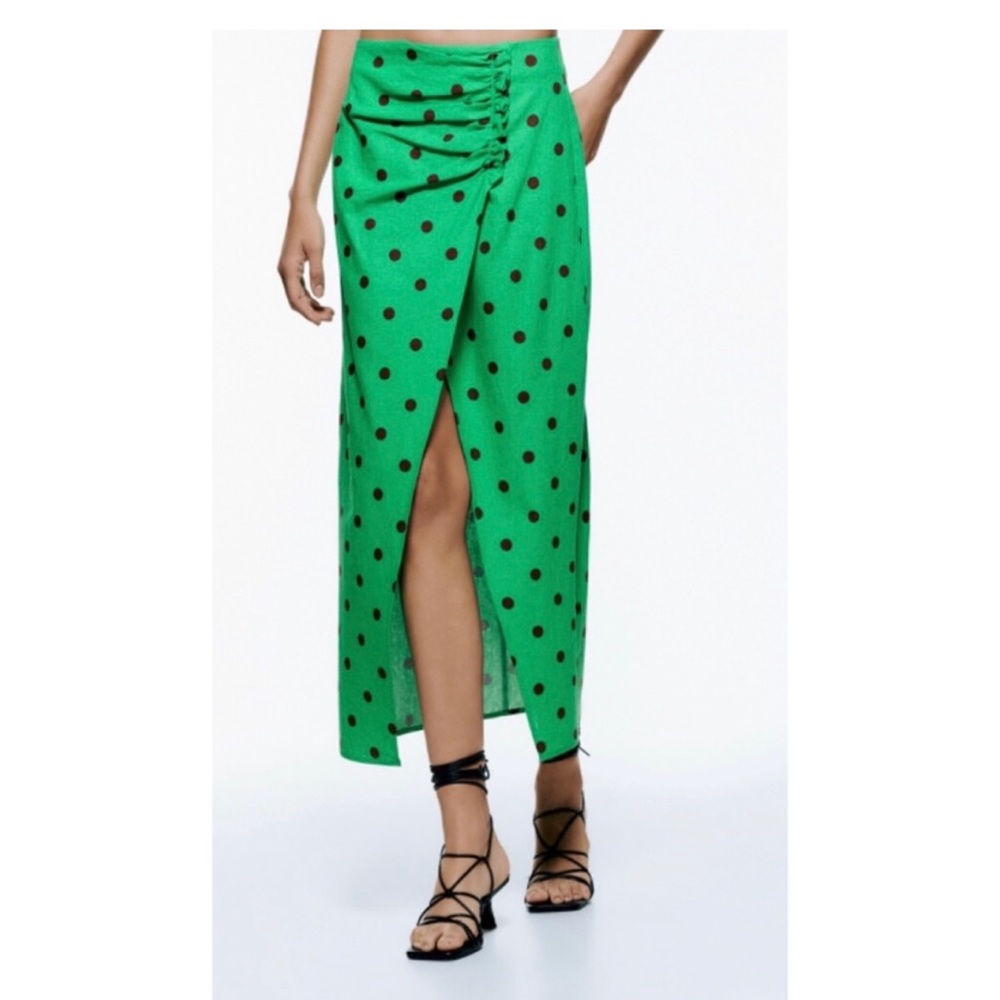 Zara LINEN BLEND POLKA DOT SKIRT Green & Black Size Medium